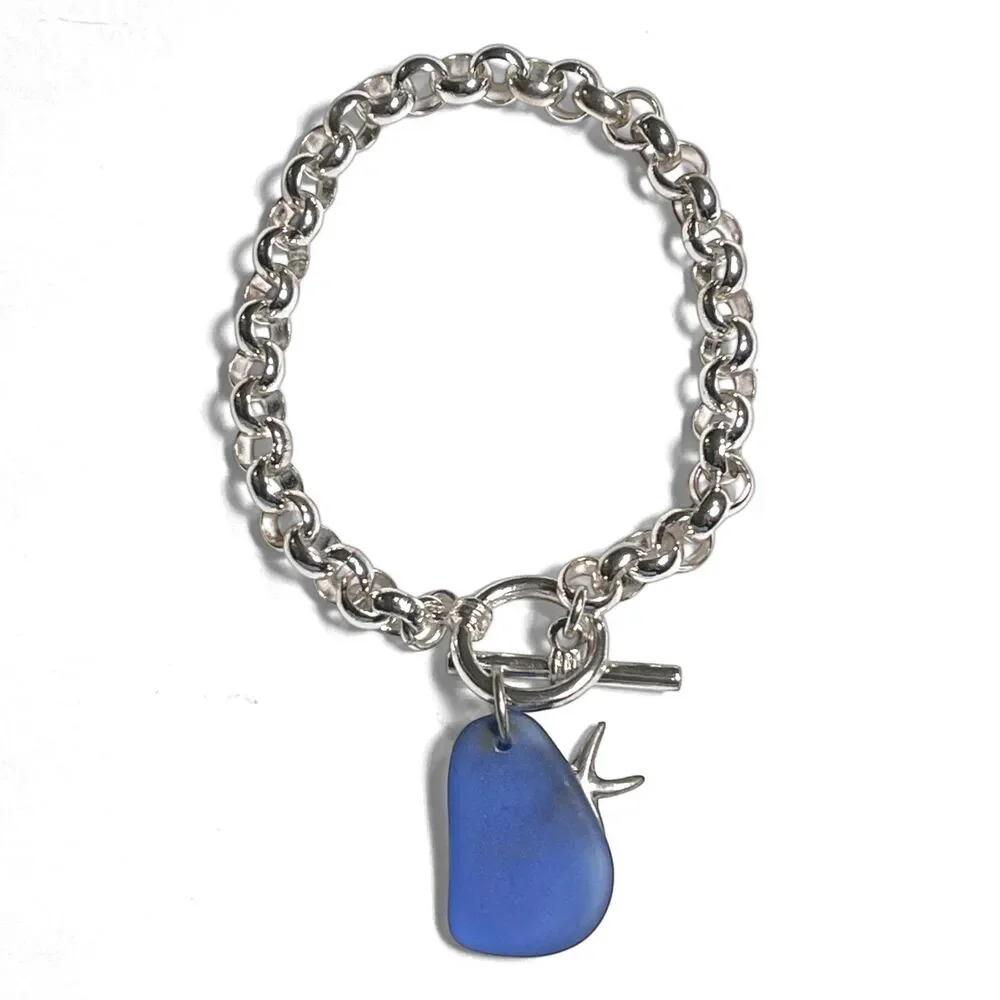 Blue Sea Glass Starfish Bracelet Silver Plated Rolo Chain Toggle Clasp 8